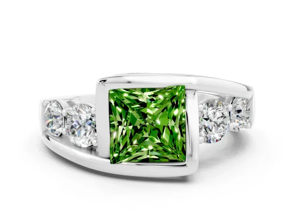 Bezel Set Princess Cut Peridot Bypass Ring with Round Accents Platinum