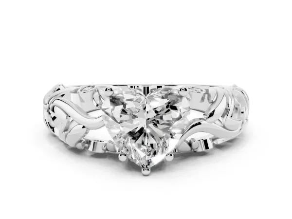 Heart Cut Solitaire Diamond Leaf-Inspired Vine Band Ring with Prong Setting Platinum