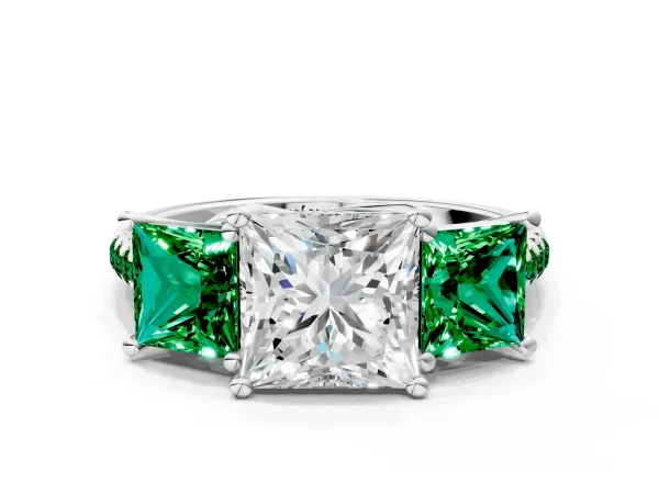 Three-Stone Princess Cut Diamond Ring with Round Emerald Pavé Band and Prong Setting Platinum