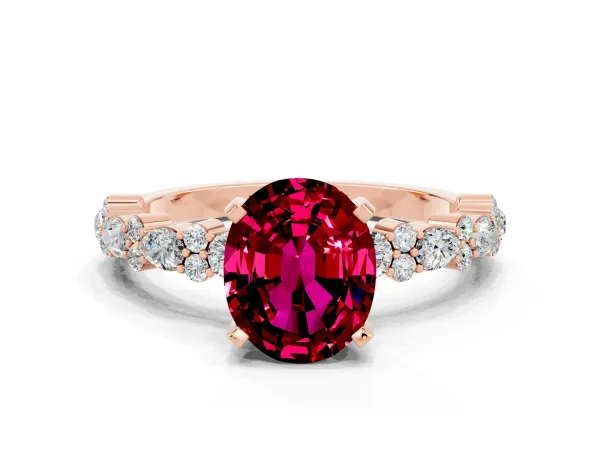 Oval Cut Garnet Side Stone Solitaire Ring with Round and Four-Prong Setting Rose gold