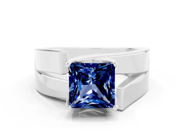 Modern Tension Set Princess Cut Blue Sapphire Solitaire Wide Band Ring Platinum