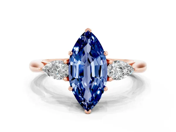 Marquise Cut Blue Sapphire Three-Stone Ring with Pear Side Stones and Prong Setting Rose gold