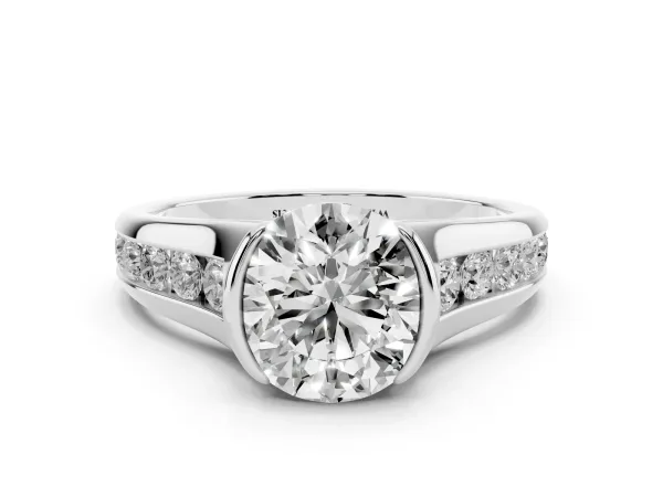 Round Cut Solitaire Bezel-Set Diamond Ring with Channel-Set Band Platinum