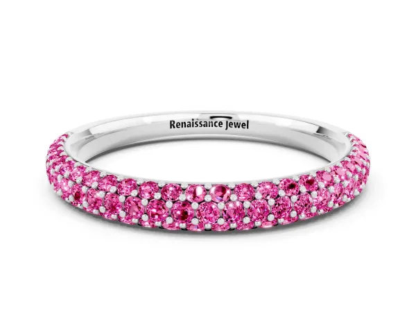 Round Pink Sapphire Pavé Eternity Band with Shared Prong Setting White gold