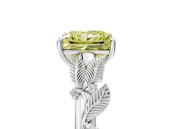 Fancy Yellow Princess Cut Diamond Solitaire Ring with Leaf Motif Band and Four-Prong Setting White gold