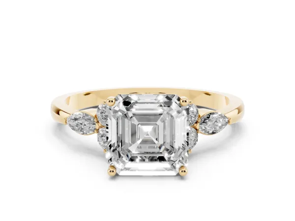 Asscher Cut Brilliant Diamond Solitaire Ring with Pear Side Stones and Four-Prong Setting Yellow gold