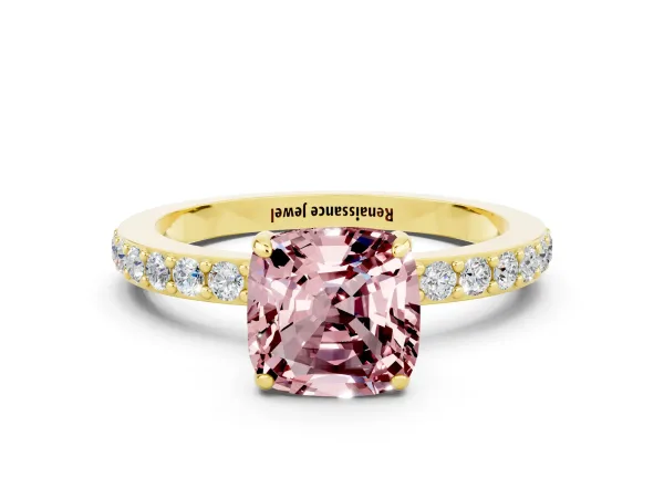 Cushion Cut Morganite Solitaire Engagement Ring with Pavé Band and Four-Prong Setting Yellow gold