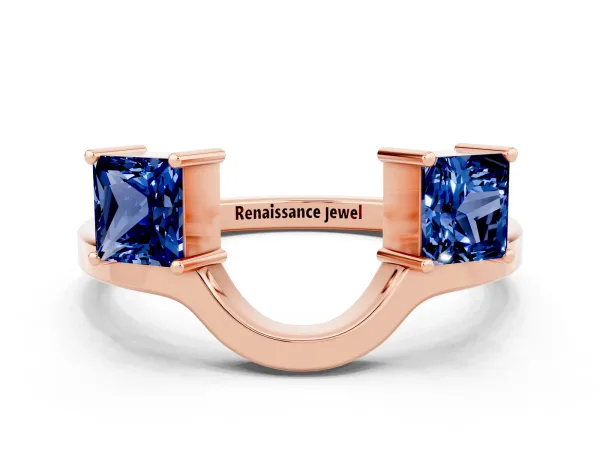 Princess Cut Blue Sapphire Two-Stone Open Band Ring with Four-Prong Setting Rose gold