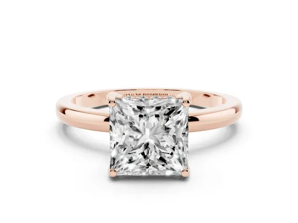 Princess Cut Solitaire Diamond Ring with Prong Setting and Plain Band Rose gold