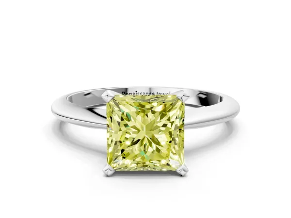 Fancy Yellow Princess Cut Diamond Solitaire Engagement Ring with Classic Band and Four-Prong Setting Platinum