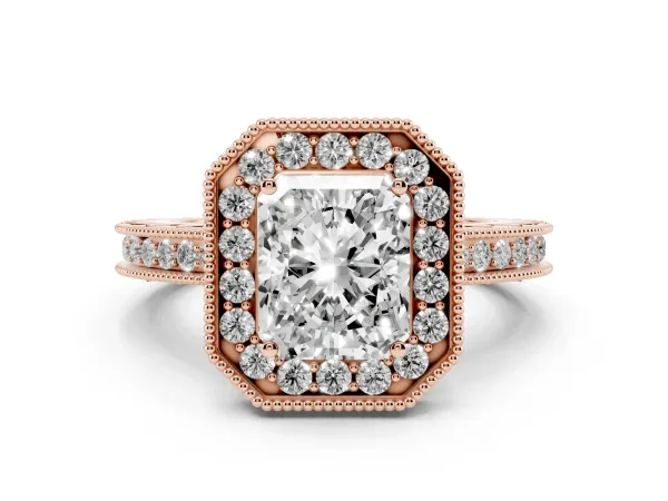 Radiant Cut Diamond Milgrain Halo Engagement Ring with Round Pavé Band and Prong Setting Rose gold