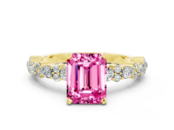 Emerald Cut Pink Sapphire Side Stone Solitaire Ring with Round and Four-Prong Setting Yellow gold