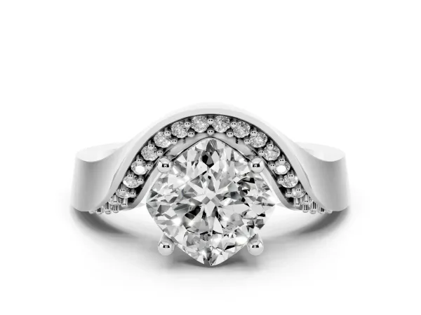 Cushion Cut Solitaire Diamond Engagement Ring with Pave Band and Four-Prong Setting White gold