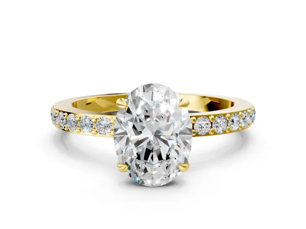 Oval Cut Diamond Solitaire Engagement Ring with Pavé Band and Four-Prong Setting Yellow gold