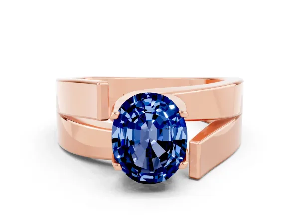 Modern Tension Set Oval Cut Blue Sapphire Solitaire Wide Band Ring Rose gold