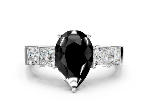 Fancy Black Pear Cut Solitaire Princess Side Stone Engraved Band Prong Setting Ring Platinum