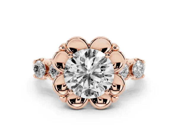 Round Cut Cut Diamond Floral Halo Engagement Ring with Shared Prong Setting Rose gold
