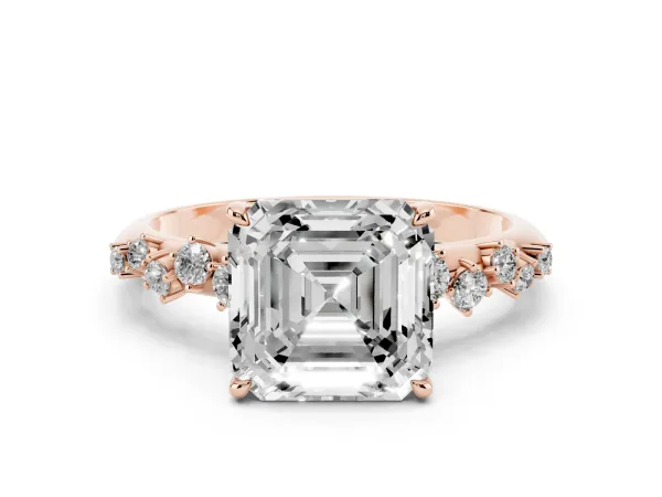 Asscher Cut Diamond Cluster Side Stone Solitaire Ring with Prong Setting Rose gold