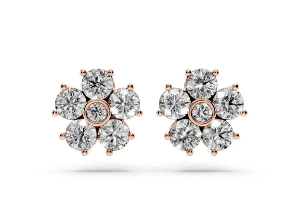 Round Diamond Flower Stud Earrings with Diamond Accent Rose gold
