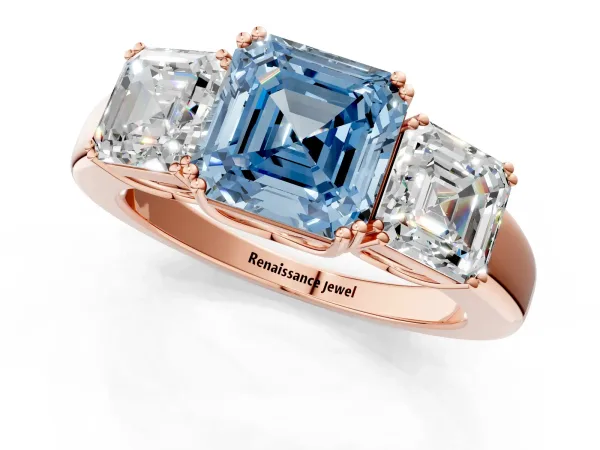 Fancy Blue Three-Stone Asscher Cut Cut Diamond Ring with Channel Set Band and Four-Prong Setting Rose gold