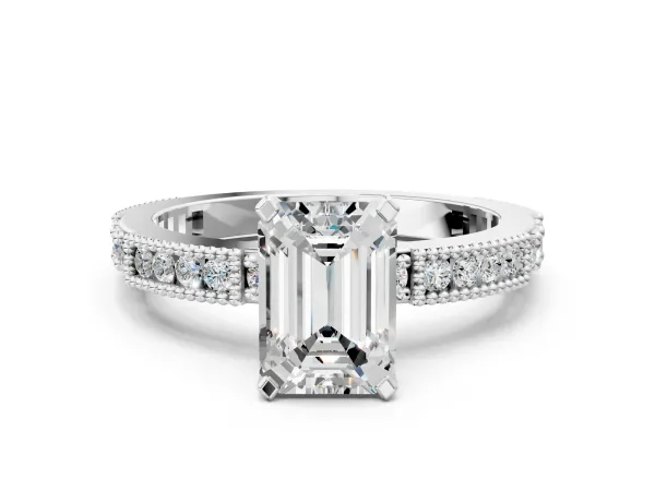 Emerald Cut Solitaire with Pavé Band and Four-Prong Setting Platinum