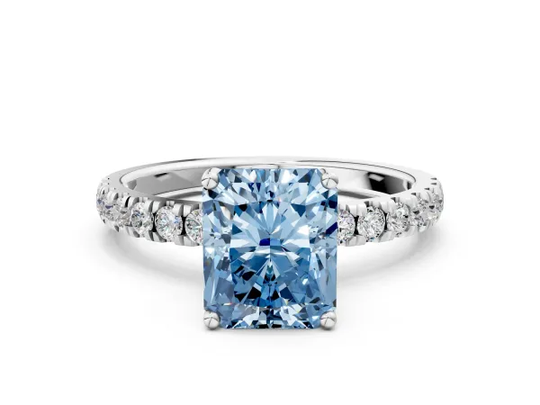 Fancy Blue Radiant Cut Diamond Pave Band Solitaire Ring with Round and Prong Setting Platinum