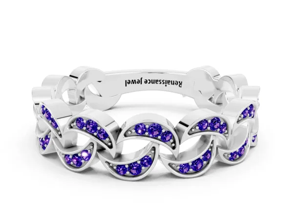Pavé Round Tanzanite Interlocking Eternity Band with Bezel Prong Setting Platinum