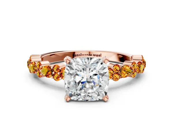 Cushion Cut Diamond Side Stone Solitaire Ring with Round Citrine and Four-Prong Setting Rose gold