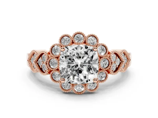 Cushion Cut Brilliant Milgrain Pave Heart Band Solitaire Ring Rose gold