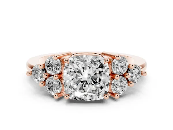 Cushion Cut Brilliant Diamond Cluster Accent Solitaire Ring with Prong Setting Rose gold