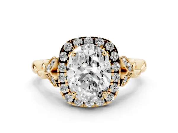 Oval Cut Halo Diamond Engagement Ring with Vintage-Inspired Band and Four-Prong Setting Yellow gold