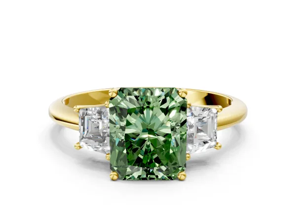 Fancy Green Radiant Cut Diamond Three-Stone Ring with Trapezoid Side Stones and Prong Setting Yellow gold