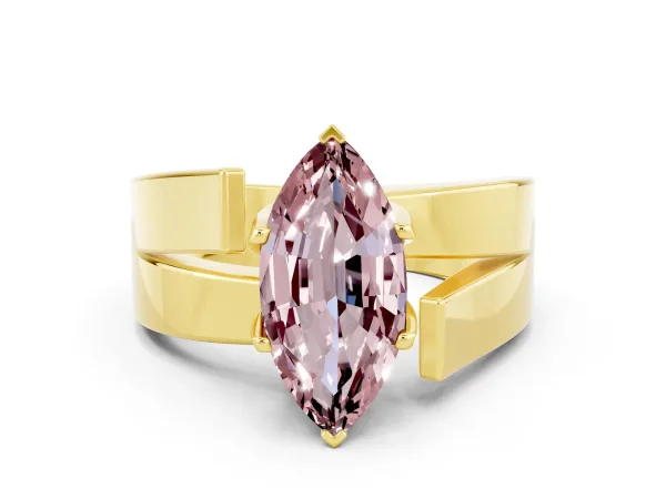 Modern Tension Set Marquise Cut Morganite Solitaire Wide Band Ring Yellow gold