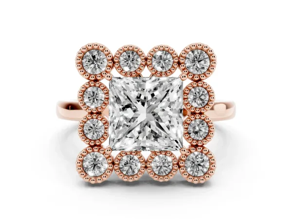 Princess Cut Halo Diamond Cluster Engagement Ring with Milgrain Bezel Setting and Solitaire Band Rose gold