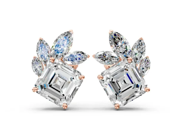 Asscher and Marquise Diamond Cluster Stud Earrings Rose gold