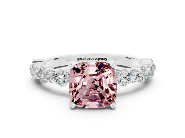Cushion Cut Morganite Side Stone Solitaire Ring with Round and Four-Prong Setting Platinum