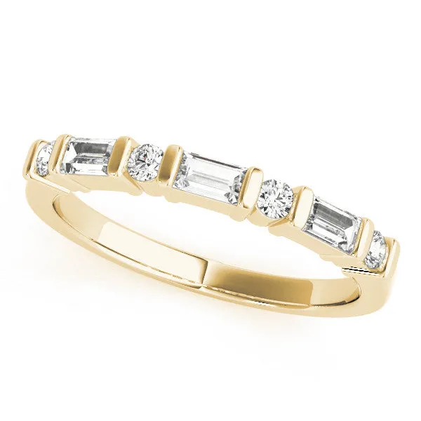 Baguette and Round Diamond Channel Set Half Eternity Band with Bar Prong Setting Yellow gold