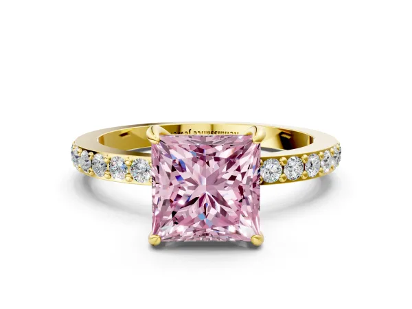 Fancy Pink Princess Cut Diamond Solitaire Engagement Ring with Pavé Band and Four-Prong Setting Yellow gold