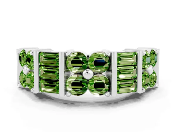 Channel Set Round and Baguette Peridot Anniversary Band with Prong Setting Platinum