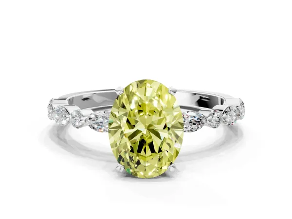 Fancy Yellow Oval Cut Diamond Ring with Marquise and Round Side Stones and Four-Prong Setting White gold