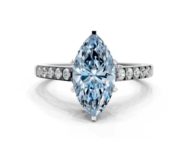 Fancy Blue Marquise Cut Diamond Solitaire Ring with Crossover Gallery and Round Pavé Band Silver