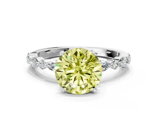 Fancy Yellow Round Cut Diamond Ring with Marquise and Round Side Stones and Four-Prong Setting Silver