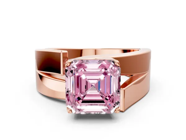 Fancy Pink Modern Tension Set Asscher Cut Diamond Solitaire Wide Band Ring Rose gold