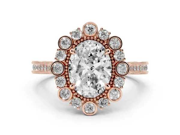 Oval Cut Halo Milgrain Pave Diamond Ring with Four-Prong Setting Rose gold