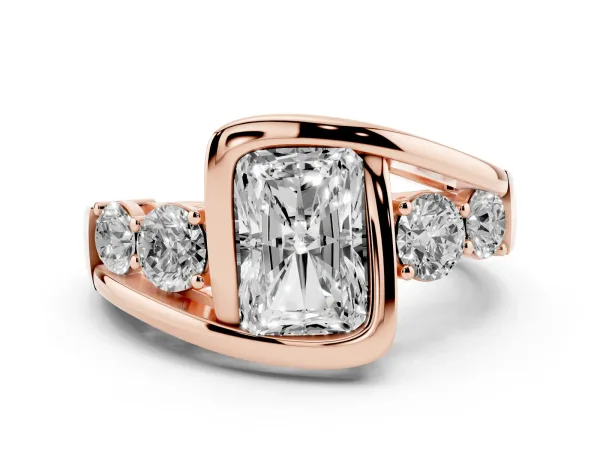 Bezel Set Radiant Cut Diamond Bypass Ring with Round Accents Rose gold