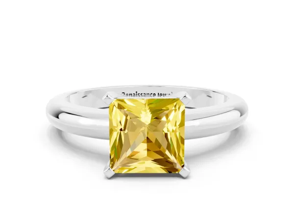 Princess Cut Yellow Sapphire Solitaire Engagement Ring with Round Band and Four-Prong Setting Silver