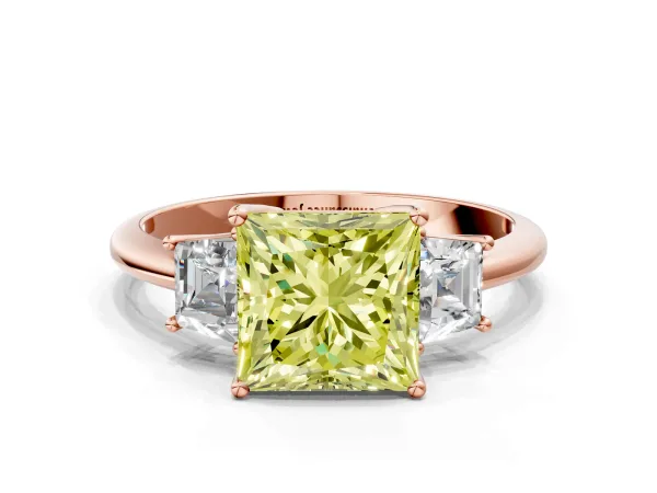 Fancy Yellow Princess Cut Diamond Three-Stone Ring with Trapezoid Side Stones and Prong Setting Rose gold