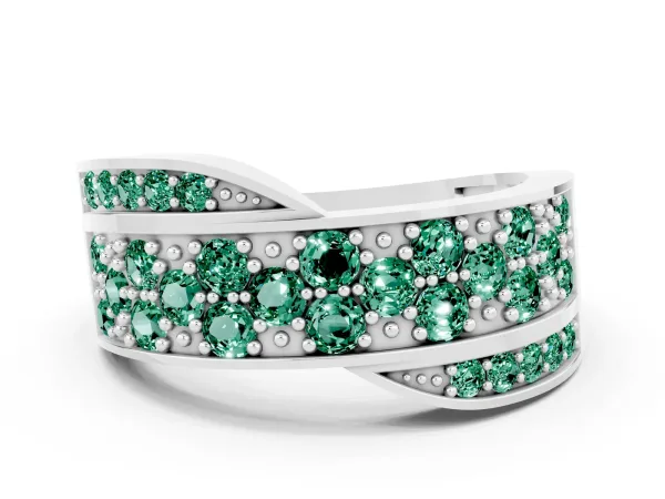 Pavé Round Green Sapphire Crossover Band with Bead Prong Setting Platinum