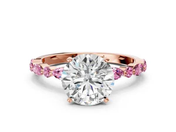 Round Cut Diamond Ring with Marquise and Round Pink Sapphire Side Stones and Four-Prong Setting Rose gold