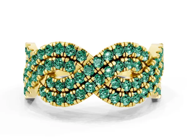 Pavé Round Green Sapphire Infinity Twist Band with Shared Prong Setting Yellow gold